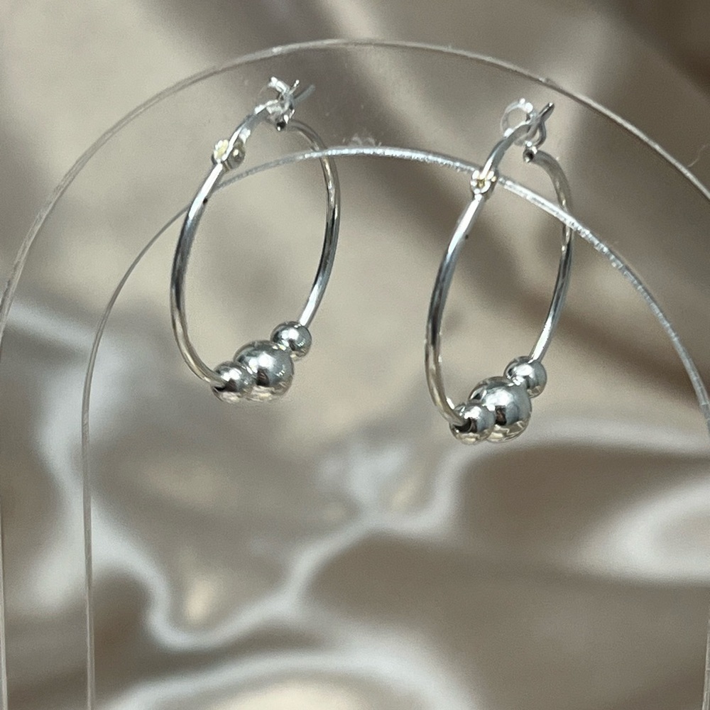 Sterling Silver Three 3 Ball Bead Hoop Earrings Classic Everyday Hoops - Picture 2 of 8